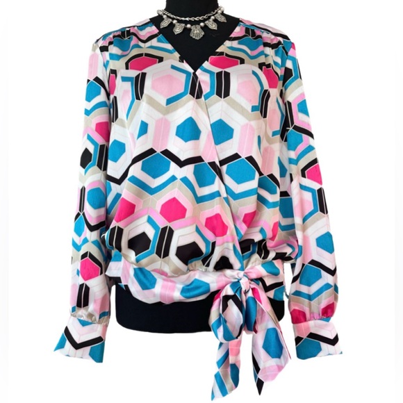 INC International Concepts Tops - INC ~ International Concepts Blue/Black/White/Pink Geometric Drop Waist Blouse